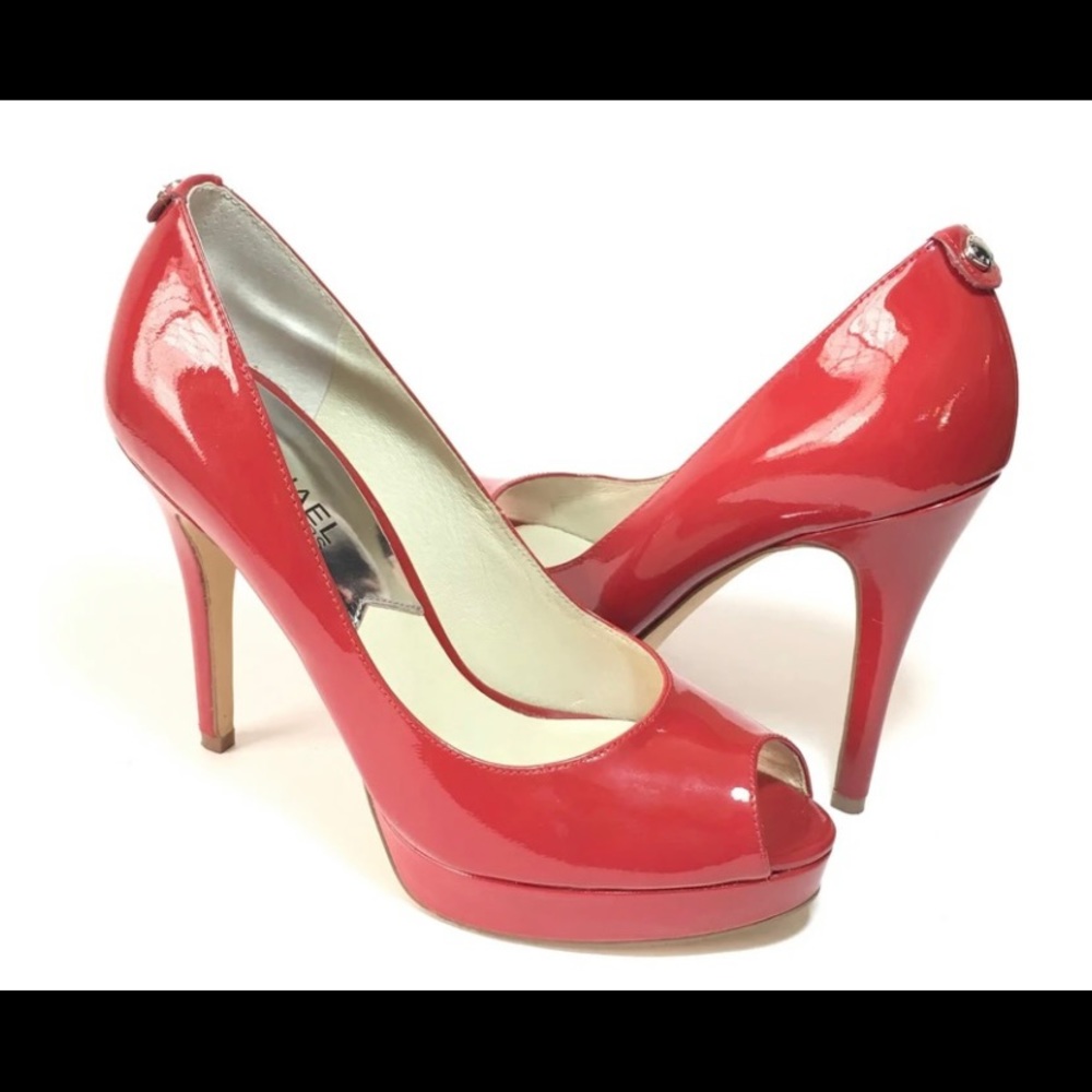 MICHAEL KORS YORK PLATFORM RED PATENT LEATHER PEEP TOE PUMPS high heels
